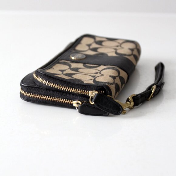 Coach Legacy Signature Double Accordion Zip Wristlet Wallet Khaki Black - Picture 3 of 8